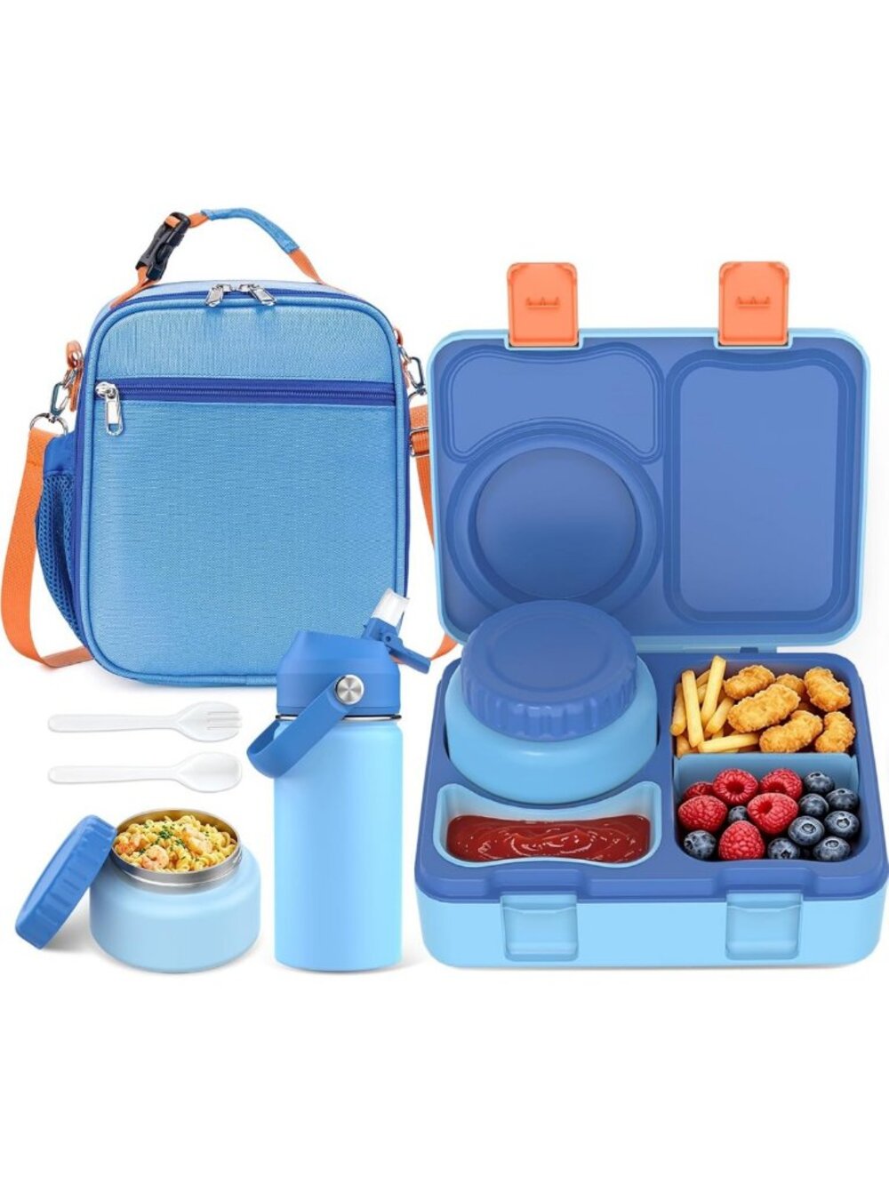 Stylish Kids Bento Lunch Box Set with Food Jar, Water Bottle & Lunch Bag - Blue